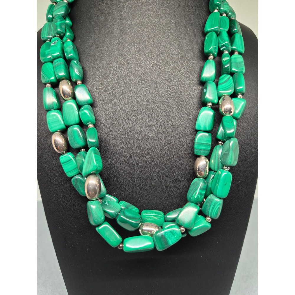 SX Malachite Necklace Green Sterling Silver 925 Triple Strand Statement